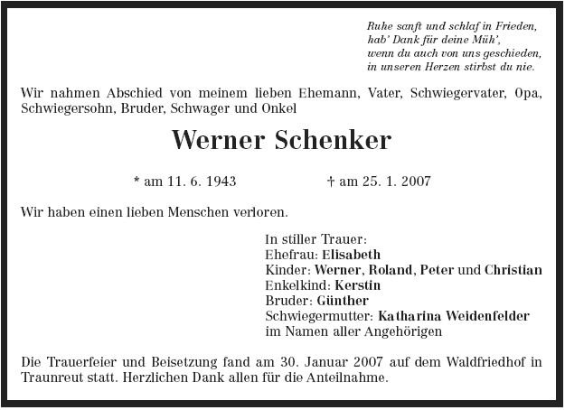 Schenker Werner 1943-2007 Todesanzeige